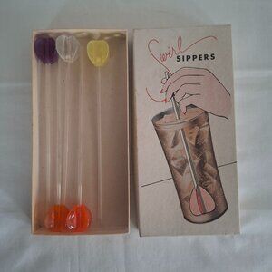 Vintage 1950s Barware Swirl Sippers Straw Swizzle Sticks Five with Original Box